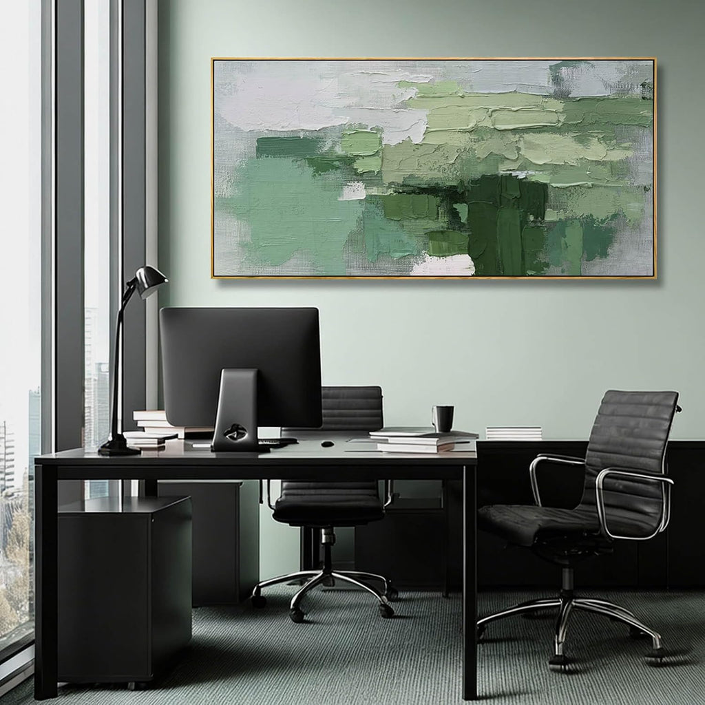 Green Abstract Textured Canvas Prints 24x48 Inch, Large Framed Wall Art with Wooden Frame, Modern Nature Home