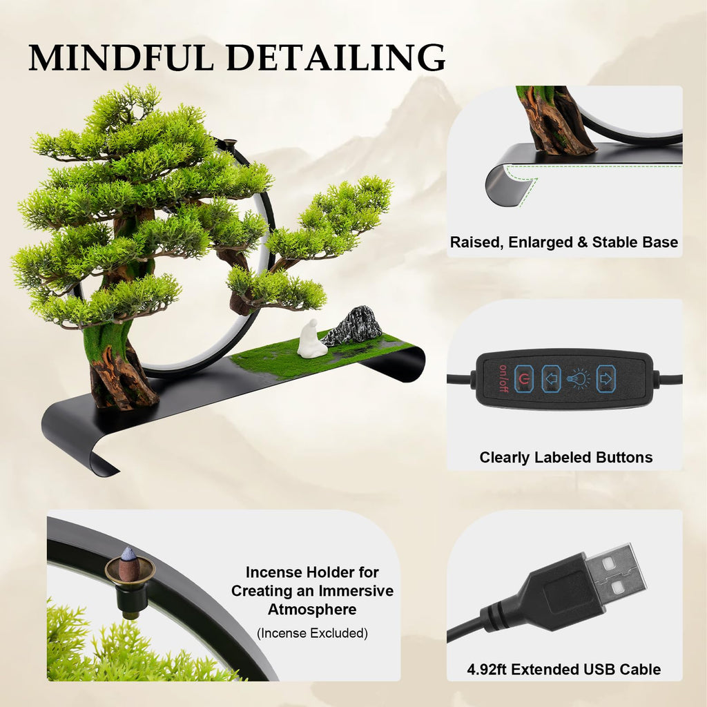 Zen Artificial Bonsai Tree with Adjustable LED Light Ring, Realistic Simulation Welcome Pine with Buddha Statue