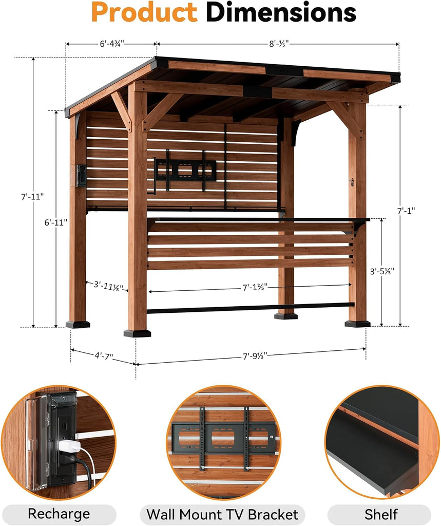 Modern Shade Cedar Wood Outdoor Bar with Shelves & Paper Towel Holder, Grill Gazebo with USB and USB-C Charging Ports