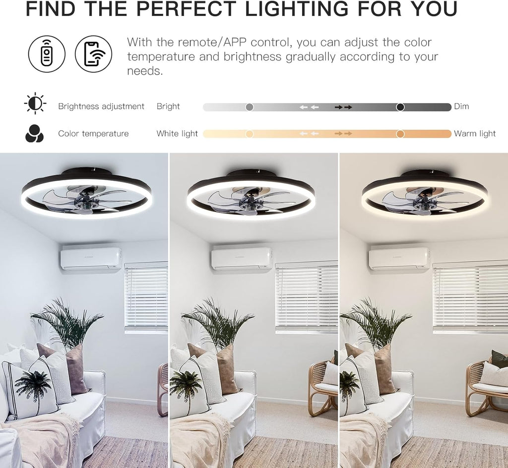 20'' Modern Low Profile Ceiling Fan with Light, Bedroom LED Ceiling Fan with Remote Control