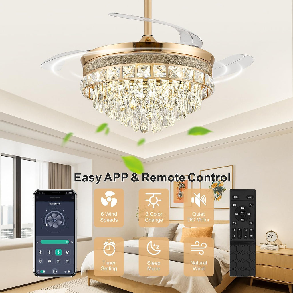 48 Inch Chandelier Ceiling Fans with Lights, Retractable Ceiling Fan with Lights, Crystal Fandelier Ceiling Fan
