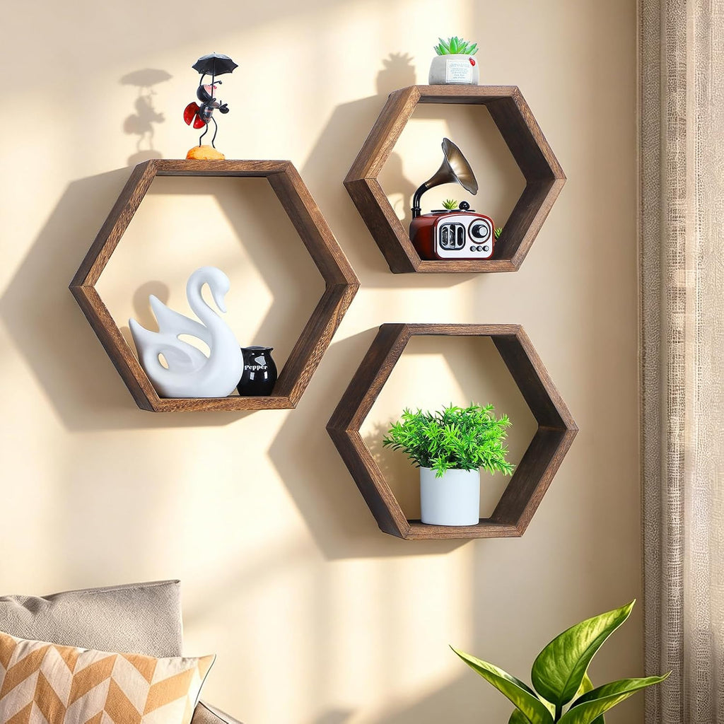 Hexagon Floating Shelves, Set of 3 Wall Mounted Honeycomb Display Shelf, Wood Hexagonal Hanging Storage Bedroom