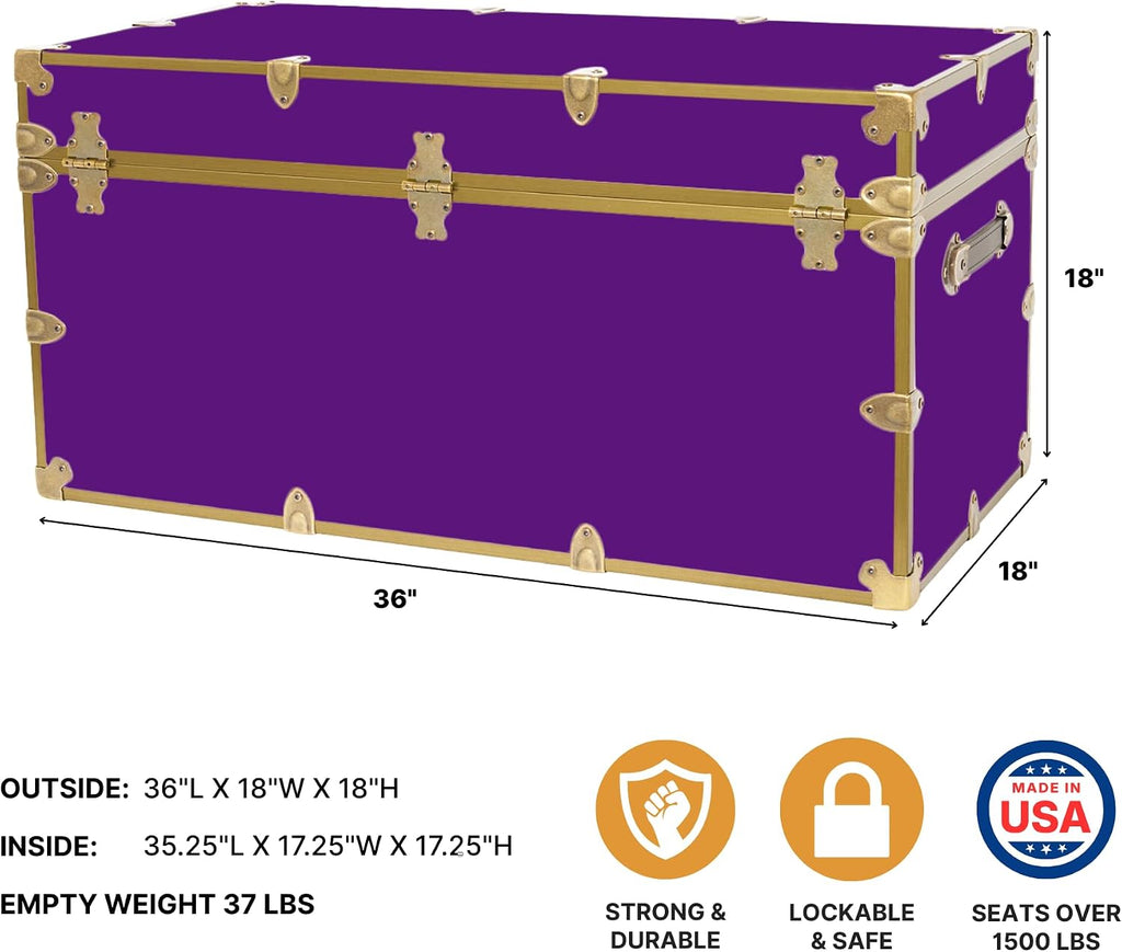 Classic XXL College Trunk, Dorm Storage Chest, Bench, Antique Brass | 36"L x 18"W x 18"H, 1500+ lb Capacity, Birch