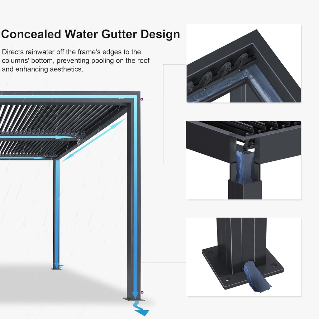 Louvered Pergola 94AS 11' x 15' Aluminum Metal Outdoor Pergola wtih Adjustable Louvered Roof and Integrated Drainage