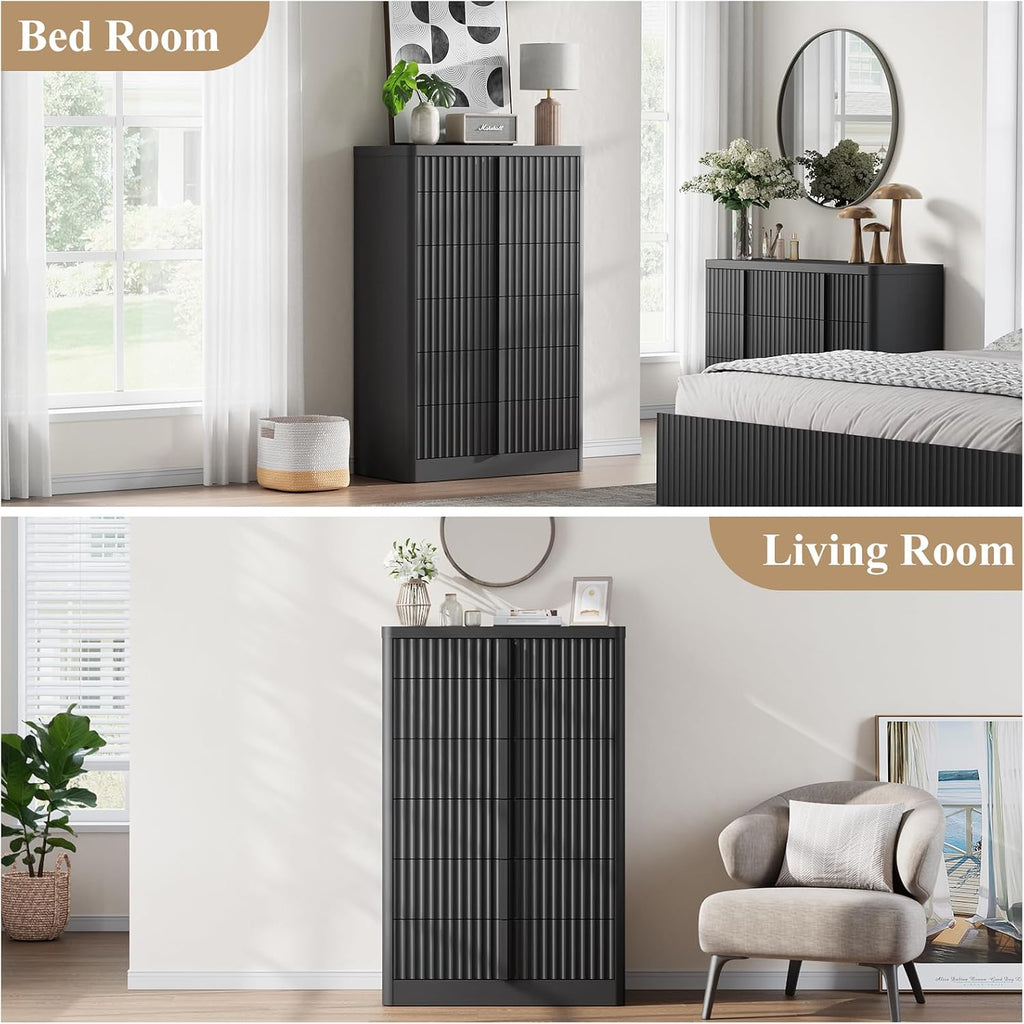 Fluted Dresser , 48" Tall 6 Drawer Dresser, Modern Chest of Drawers with Solid Wood Handle, Curved Profile Design