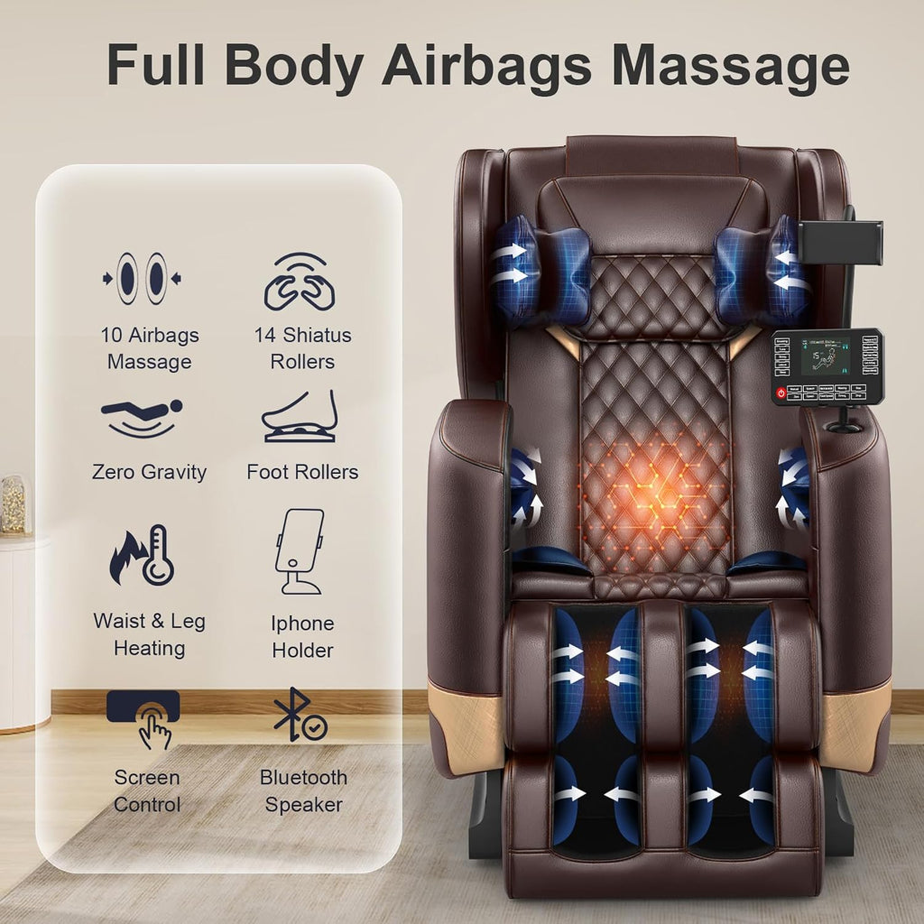 Massage Chair Full Body Zero Gravity Recliner, 2026 Premium Brown | 14 Shiatsu Rollers, 10 Airbags, 5 Auto Modes