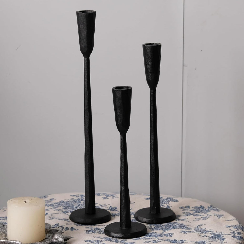 Black Iron Taper Candle Holder Set of 3, Heavy Wrought Iron Candlestick Holders Decorative Candle Stand, Vintage