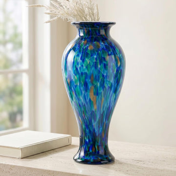 20" Tall Teal Blue Glass Vase Hand Blown Large Floor Glass Vase Home Decor, Pretty Modern Teal Blue Flowers Vases