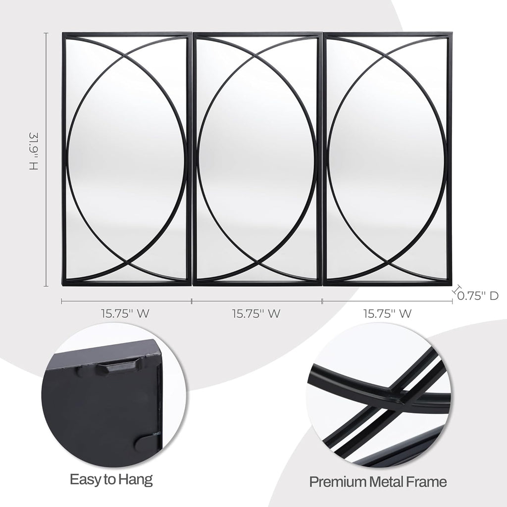 LuxenHome 3 Pieces Black Metal Rectangular Wall Mirror Set Large Vanity Mirror , Black Accent Metal Entryway Wall