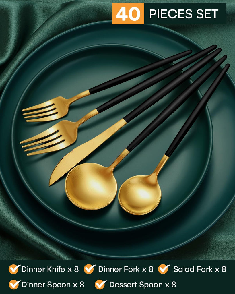 40-Piece Modern Matte Silverware Set, Black Gold Flatware Set for 8, Premium Stainless Steel Cutlery Set with Forks