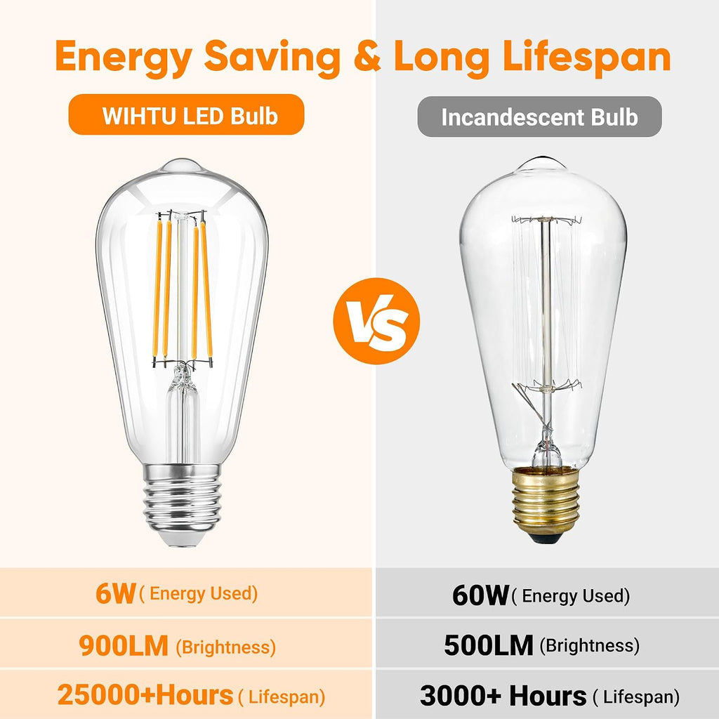 LED Filament Light Bulbs, Bright Vintage 6W LED Edison Bulbs, St58 2700K Warm Light Bulbs with CRI 85+, E26 Standard (Pack Of 4)
