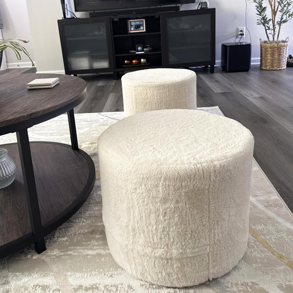 Round Pouf Ottoman, Soft Plush Foot Stool with Solid Foam Block
