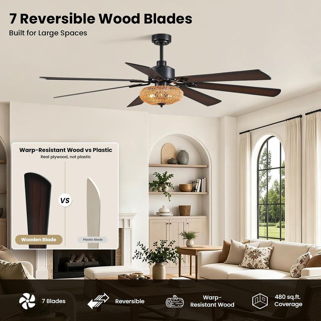 72 Inch Ceiling Fan with Light Indoor Rustic Farmhouse Matte Black 7 Blades APP and Remote Control