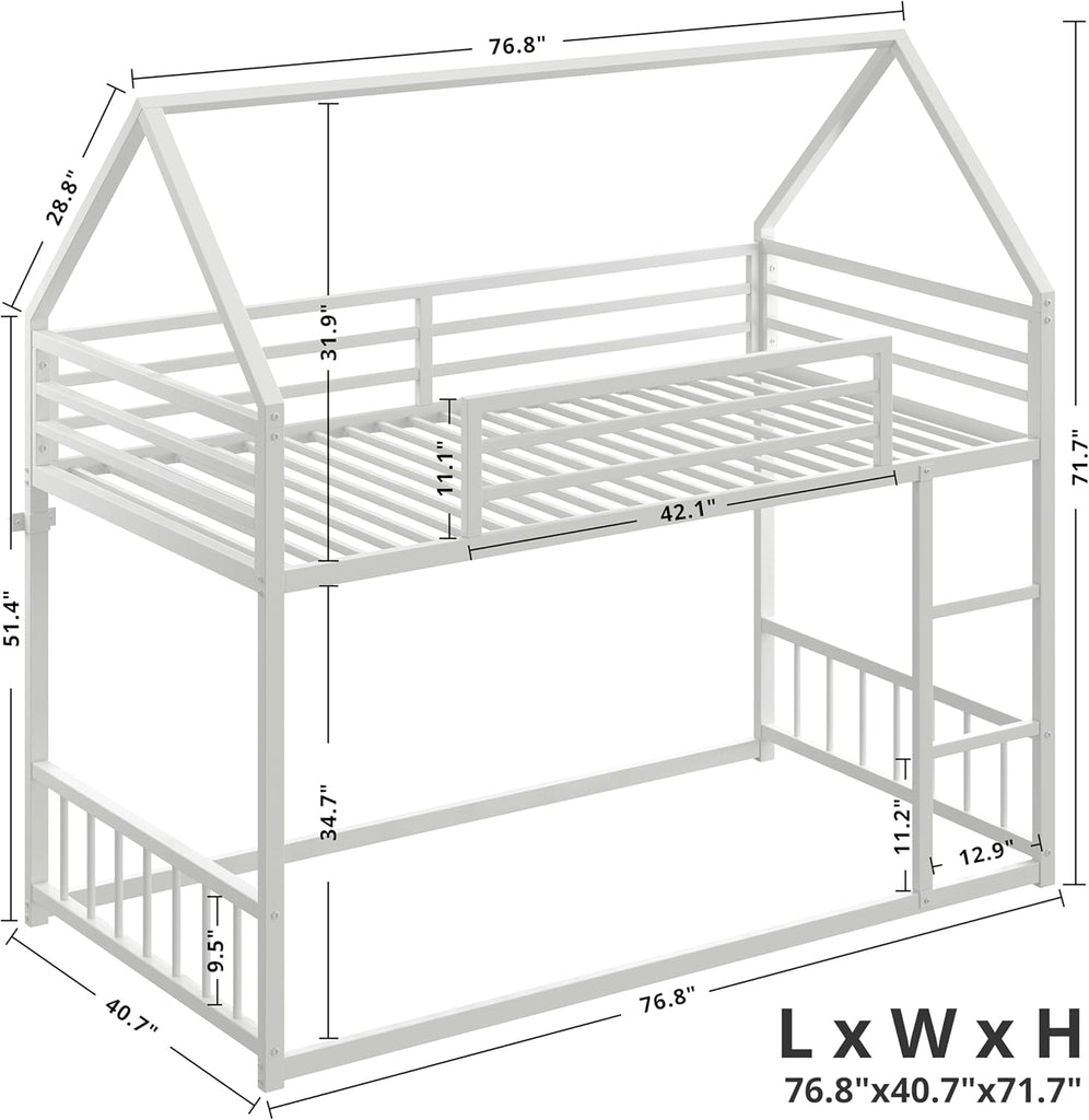 Bunk Bed Twin Over Twin, House Bunk Bed Frame with Ladder and Guardrail