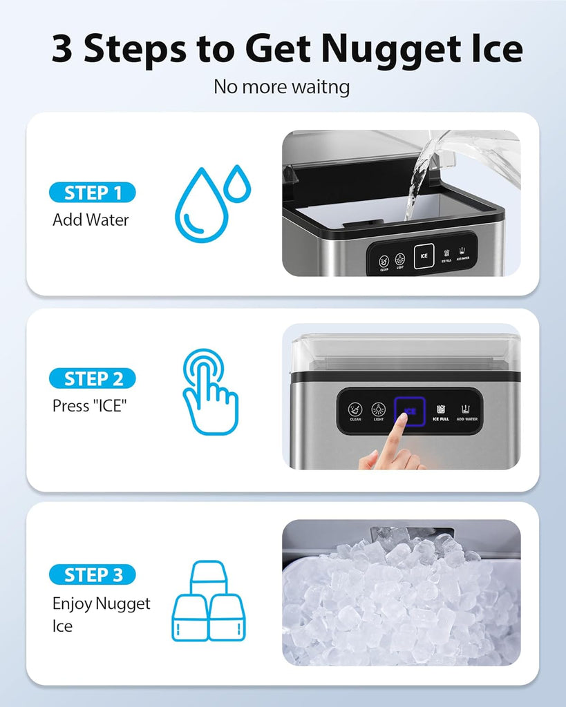 Nugget Ice Maker 40Lbs/24H, Countertop Soft Chewable Ice Pebble Ice Machine, One-Click Operation, Auto Self-Cleaning