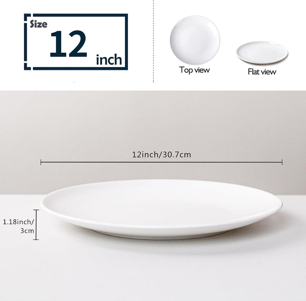 Serving Platters Set of 4, 12 Inch White Ceramic Serving Plates, Round Platters for Pasta, Steak, Appetizers and