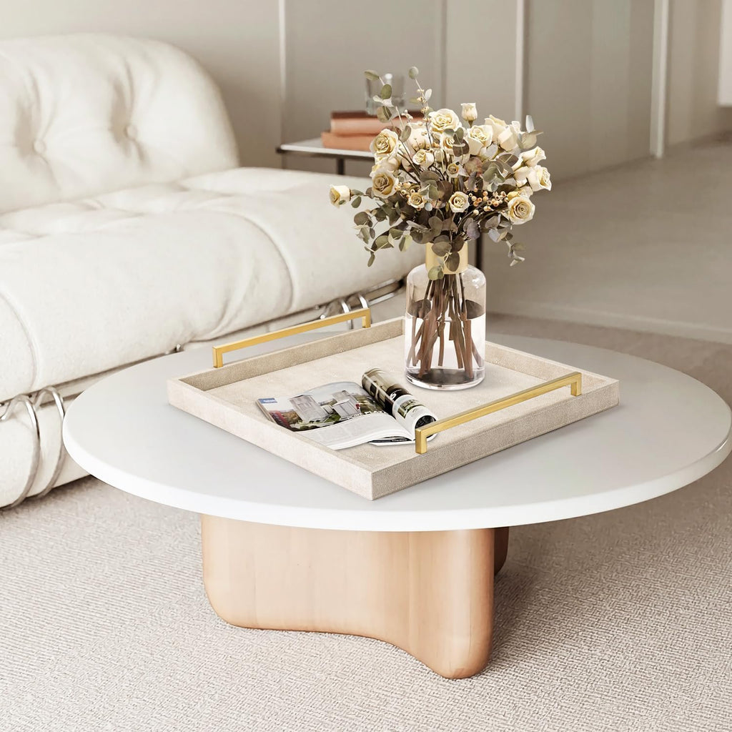 Large Ottoman Tray for Coffee Table,Square Shagreen Leather Decorative Tray with Gold Handles Decor