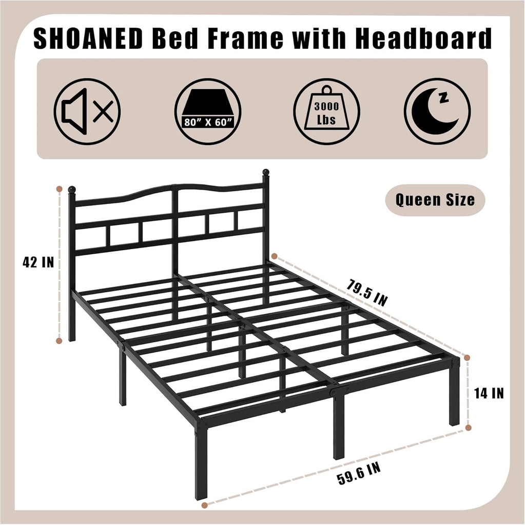 14 Inch Metal Bed Frame - Queen Heavy Duty Bedframe with Headboard Black Basic Steel Slats Platform No Box Spring
