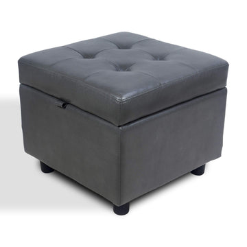 Tufted Leather Square Flip Top Storage Ottoman Cube Foot Rest (Grey with Storage)