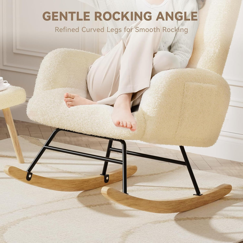 Rocking Chair Nursery with Ottoman,Teddy Upholstered Glider Rocker | High Backrest Reading Chair with Side Pockets