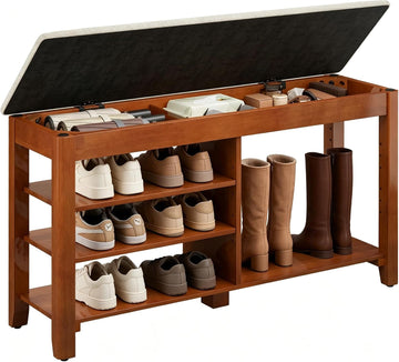 Shoe Rack Bench with Flip-Top Storage, Solid Wood Entryway Bench with Cushion, Adjustable Shelf, Shoe Organizer for