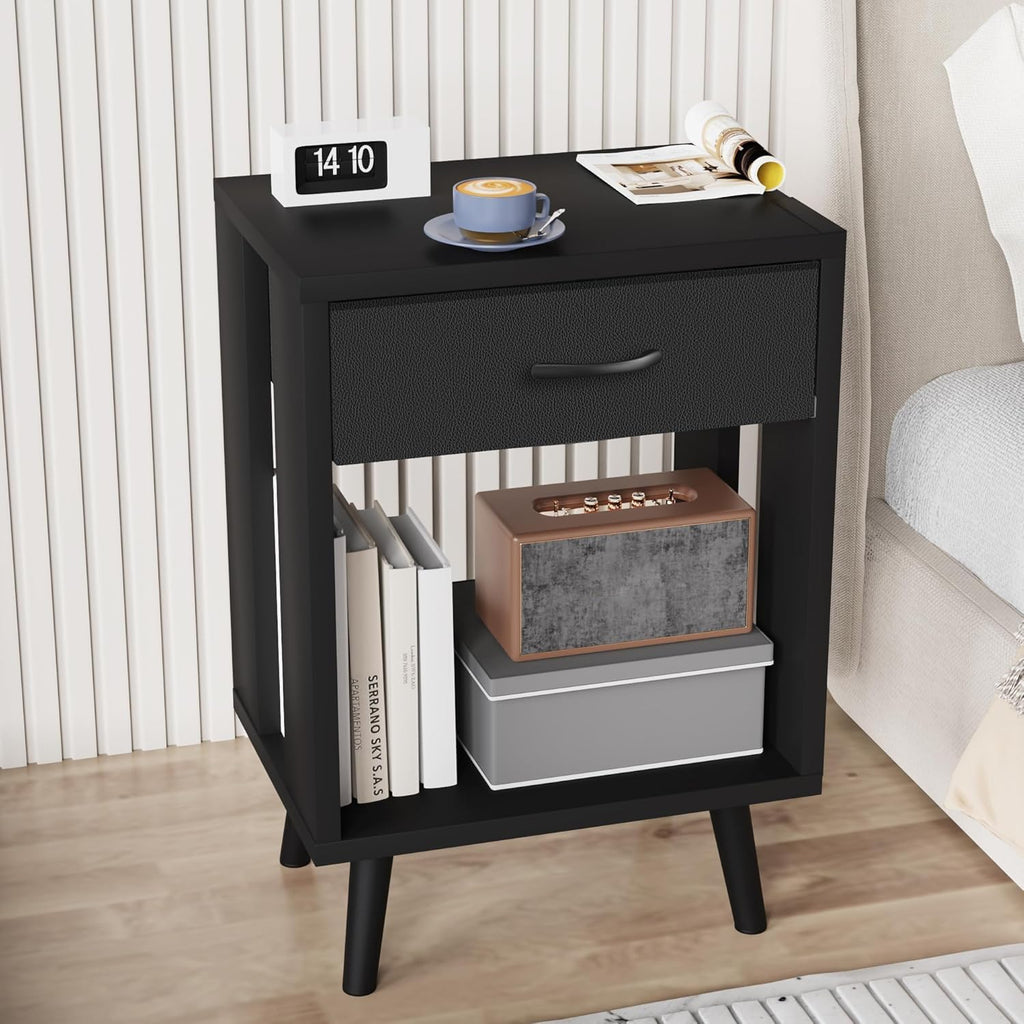 24" H Nightstands Set of 2 with Fabric Drawer, Black | Open Wood Shelf, Side Table with Storage , Spacious 15.7"L x