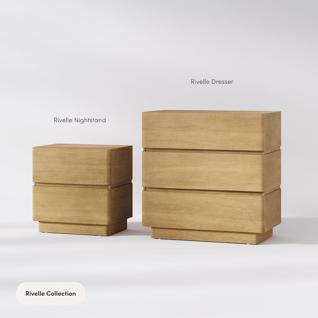 Rivelle Modern Contemporary Nightstand with Drawer, Minimalist Solid Wood Bedside Table with 2 Drawers, Light Brown