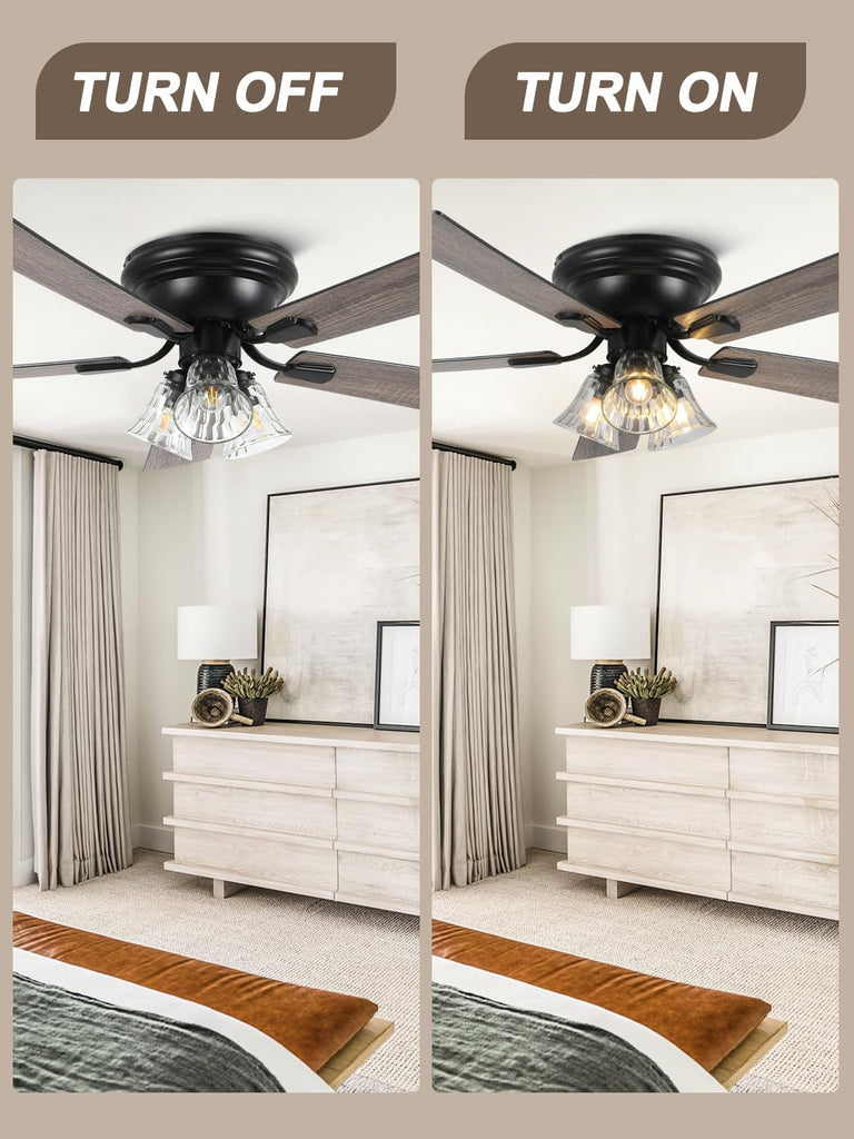 52 Inch Flush Mount Farmhouse Ceiling Fans with Lights and Remote Control