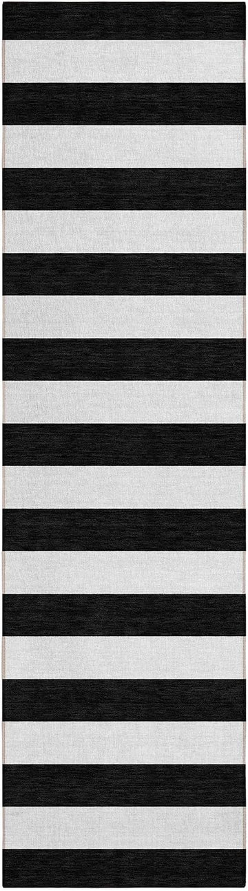 8' Runner Black and White Striped Washable Non Skid Indoor Outdoor Runner Rug