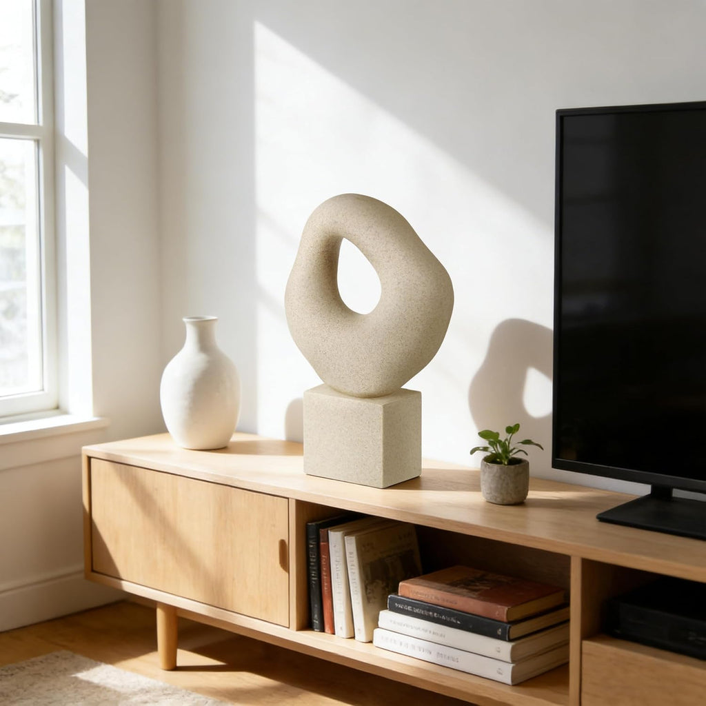 Minimalist Tabletop Decor Shelf Bookshelf Office, 13'' Tall Asymmetrical Organic Form Statue with Cube Base, Sand