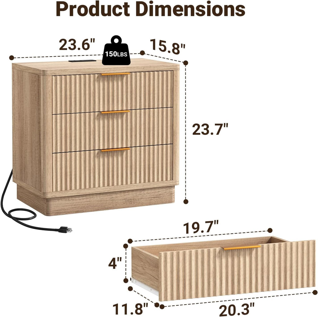 23.6 Inch Nightstand Set of 2 with Charging Station, Natural Oak Fluted Night Stand with 3 Drawer, Large Modern