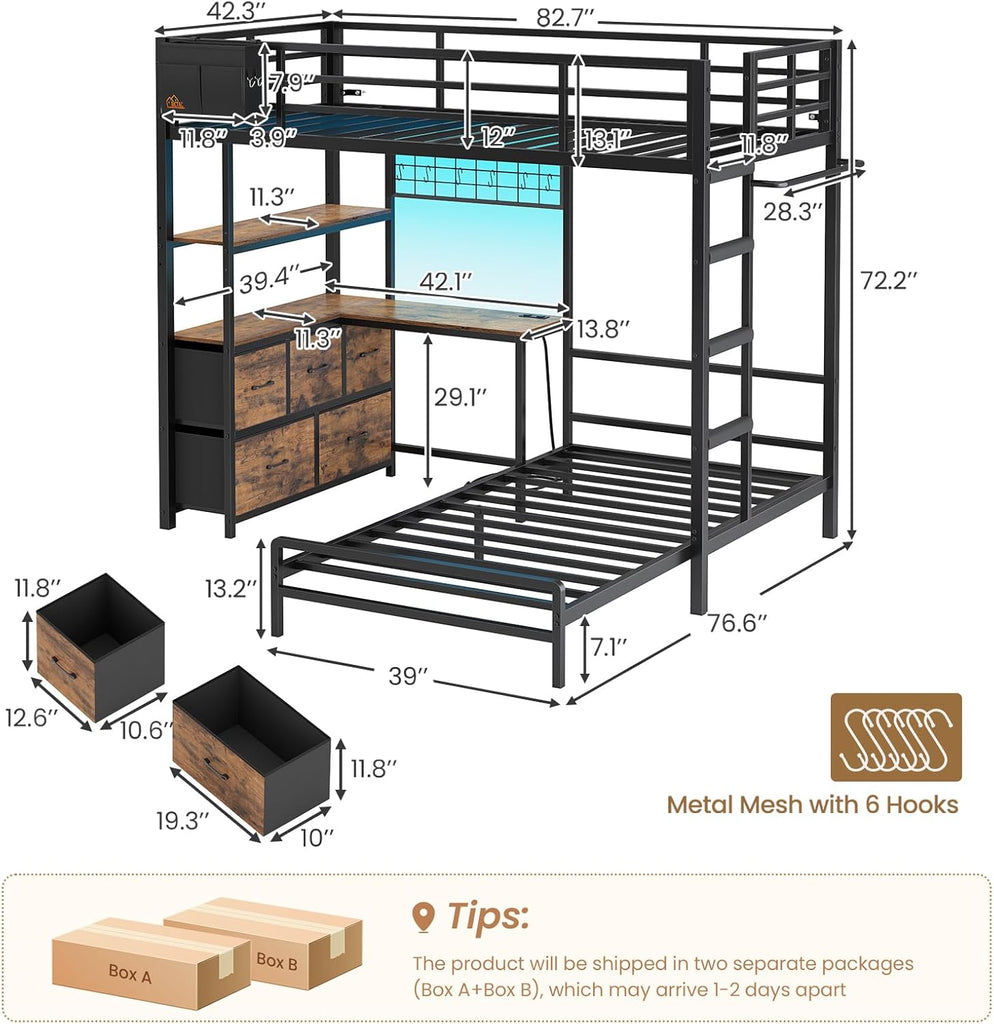 Bunk Bed with L-Shaped Desk,5 Storage Drawers and 2 Shelves Metal Twin XL Over Twin Bunk Bed with LED Lights and Charging Station,bunk Beds with Safety Guardrail & Ladder,Space-Saving,Black