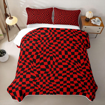 Buffalo Plaid Quilts - Red and Black Bedspread Coverlet Set, Geometric Wavy Grid Quilt Coverlets 3 Pieces