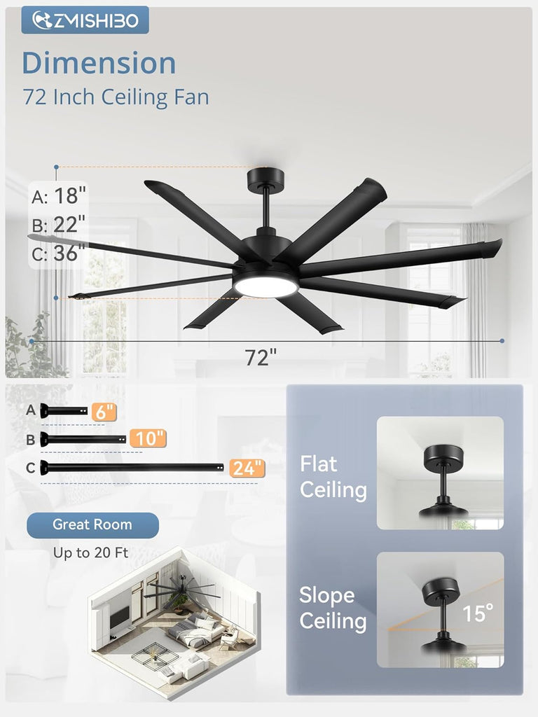 72" Ceiling Fan with LED Light and Remote - Black