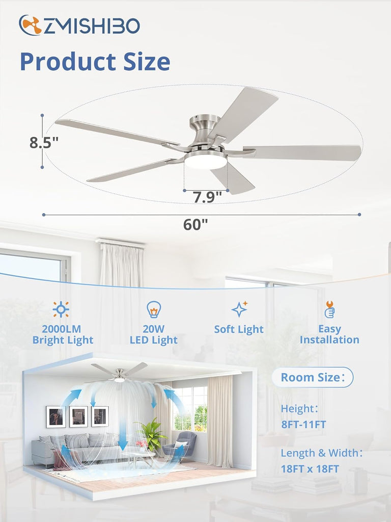 60 Inch Ceiling Fan with Light, App&Remote Control, Flush Mount Low Profile, Dimmable 20W LED Light, Quiet Reversible Motor for Bedroom, Living Room, Apartment, Nickel