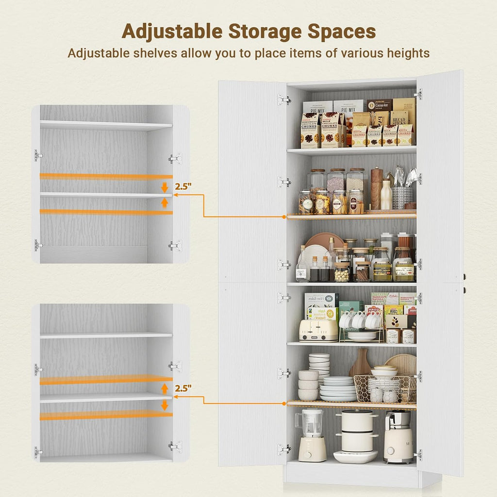 80" Kitchen Pantry, Extra Tall Arch Storage Cabinet with 4 Soft Close Doors and Adjustable Shelves, Freestanding Wood