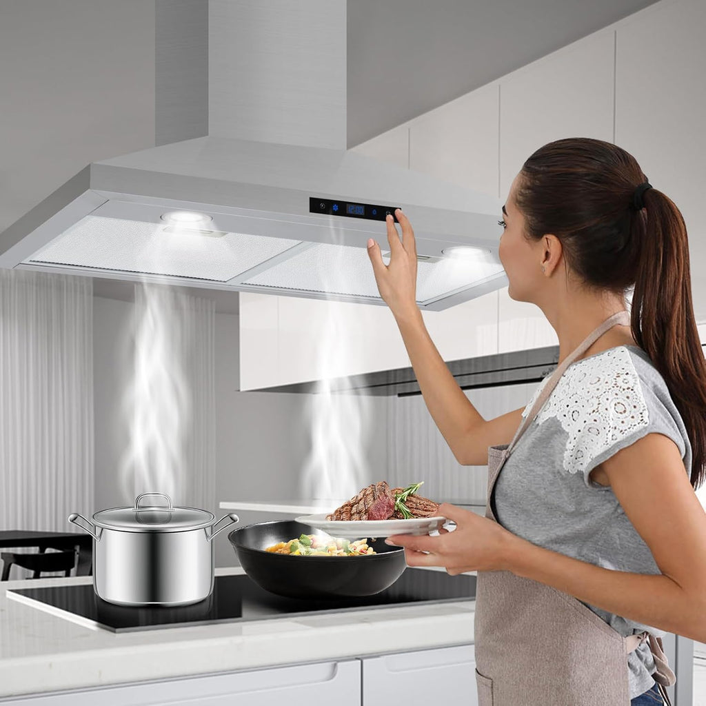 30 Inch Stainless Steel Wall Mount Range Hood 265 CFM Touch Control, LED Lights Convertible Ducted/Ductless