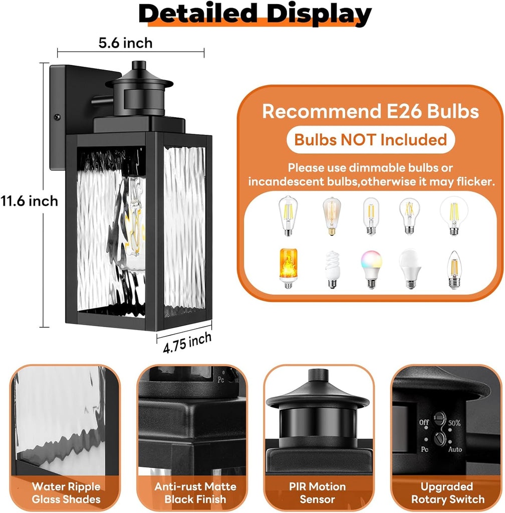 Motion Sensor Outdoor Lights Fixture, Dusk to Dawn Exterior Porch Light Wall Mount with Water-Rippled Glass