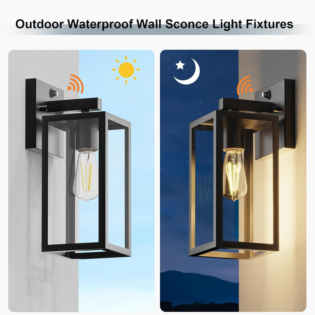 Dusk to Dawn Outdoor Wall Sconce, Black Waterproof Porch Light Fixture with E26 Socket & Glass Shade, Modern Exterior Lantern for Patio Entryway (2 Pack)