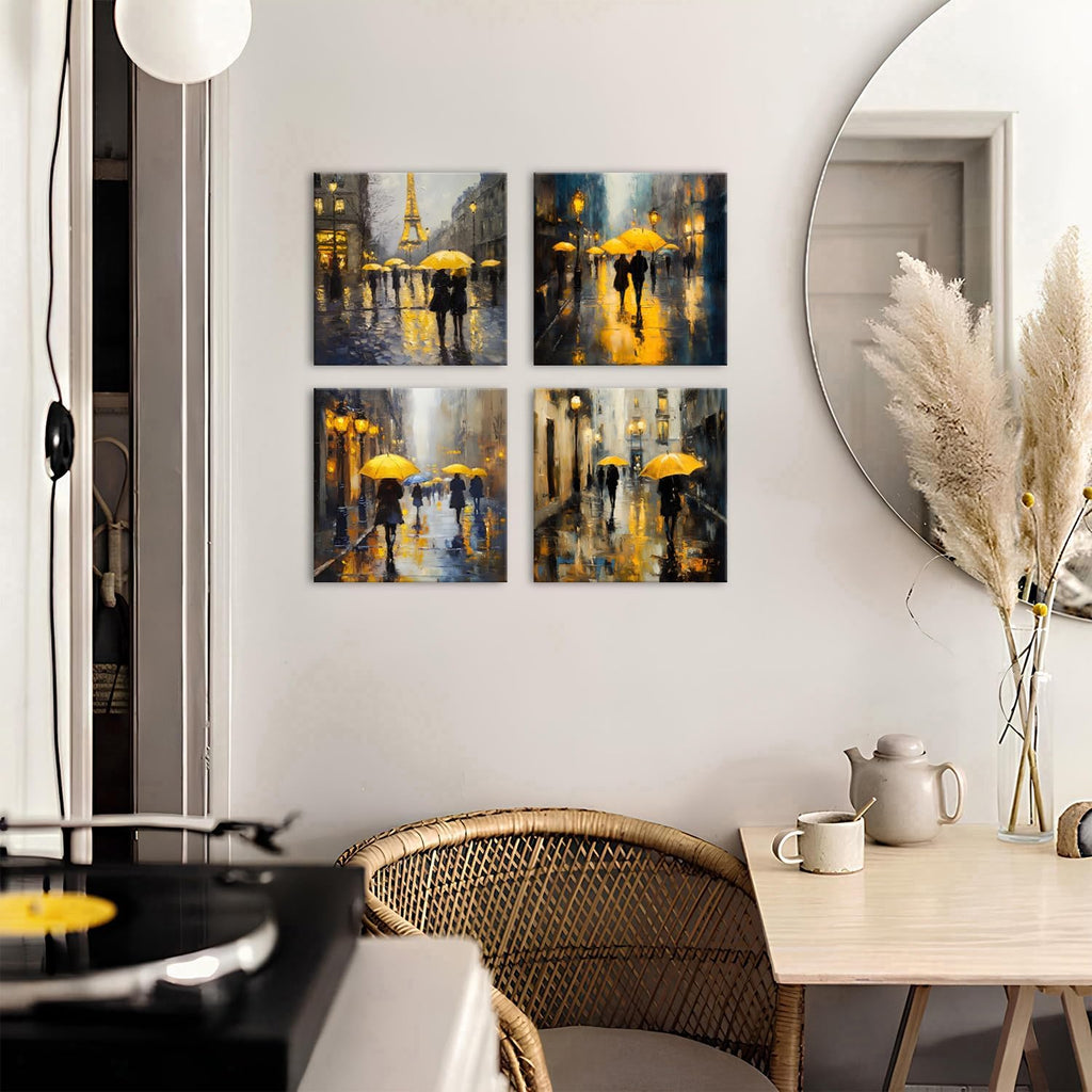 Abstract Paris Wall Art City Pictures Rainy Street Landscape Paintings Canvas Prints Yellow and Grey Wall Decor