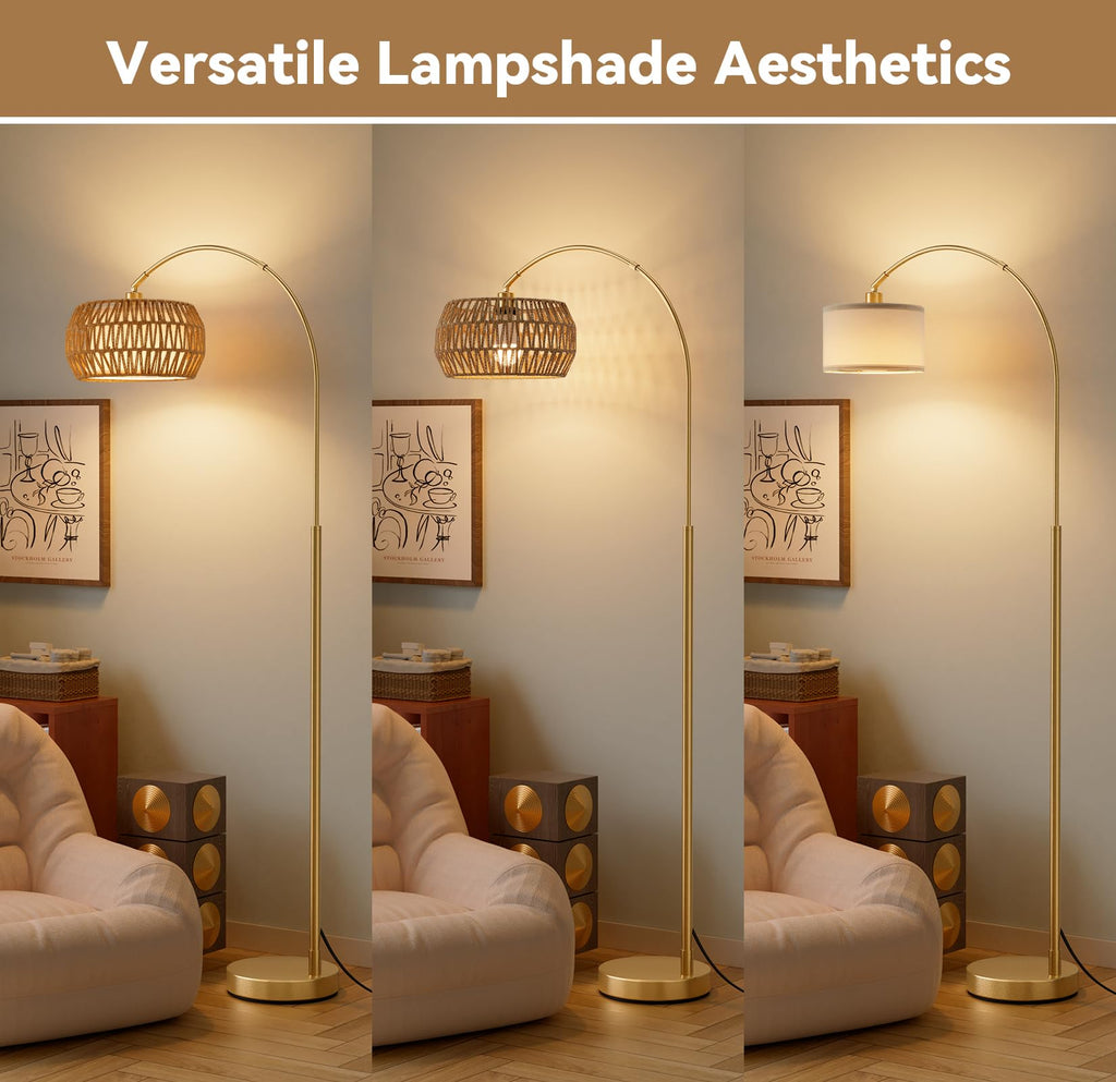 Boho Arc Floor Lamp, Color Temp and Brightness Adjustable, Gold