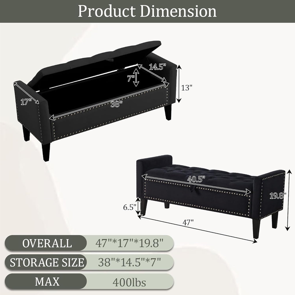 47in Velvet Storage Ottoman Bench with Arms, Upholstered Storage Bench with Wooden Legs, Storage Bench , Black