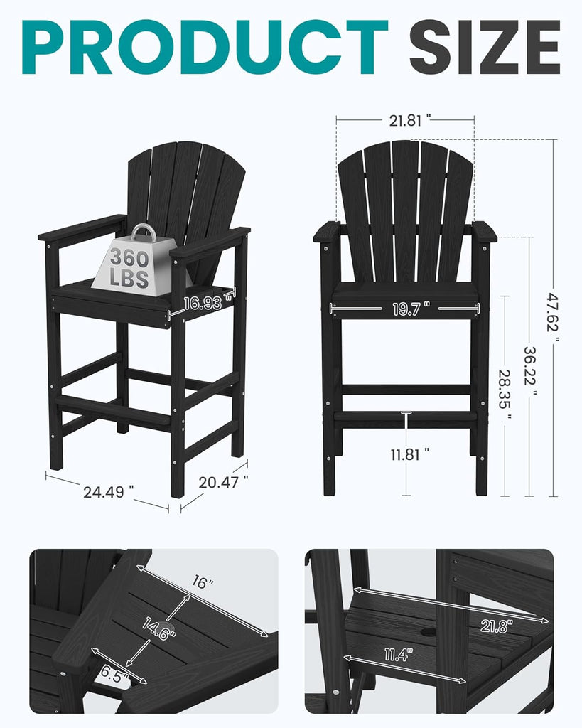 Tall Adirondack Chairs Set of 2 with Double Layer Connecting Tray, HDPE Bar Height Outdoor Chairs, Wood-Like