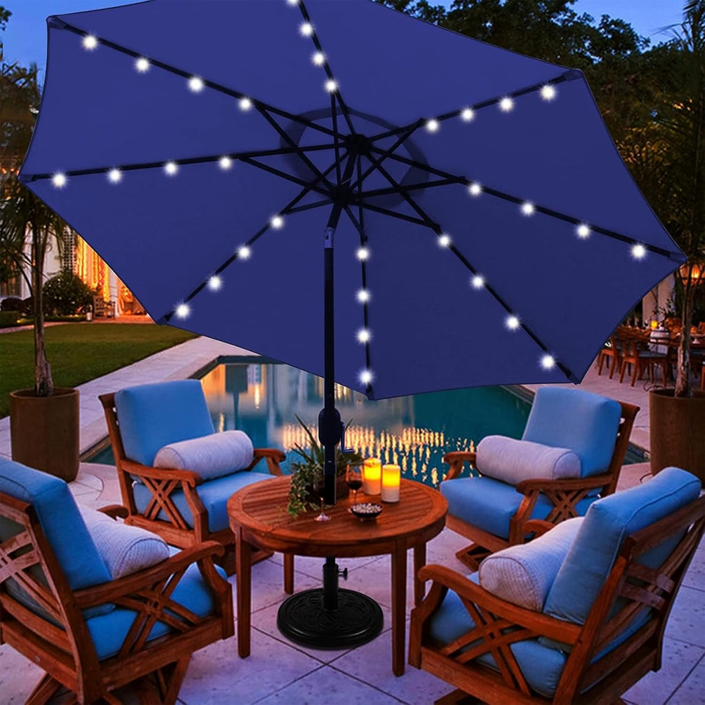 9 ft Solar Umbrella 32 LED Lighted Patio Umbrella Table Market Umbrella with Tilt and Crank Outdoor Umbrella Poo - 4M4L