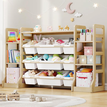 Kids Toy Storage Organizer with Bookshelf, 6 Shelves 9 Bins | Wooden Toy Shelf, Storage Boxes, Extended Base Sturdy