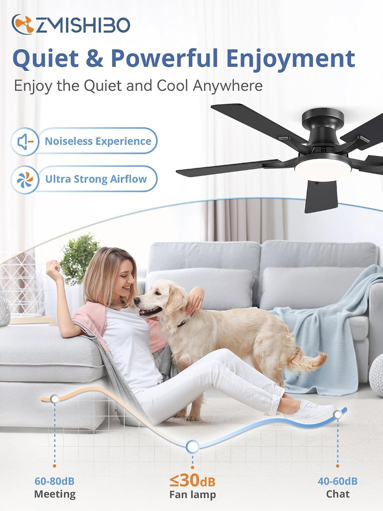 42 Inch Ceiling Fan with Light, App&Remote Control, Flush Mount Low Profile, Dimmable 20W LED Light, Quiet Reversible Motor for Bedroom, Living Room, Apartment, Black