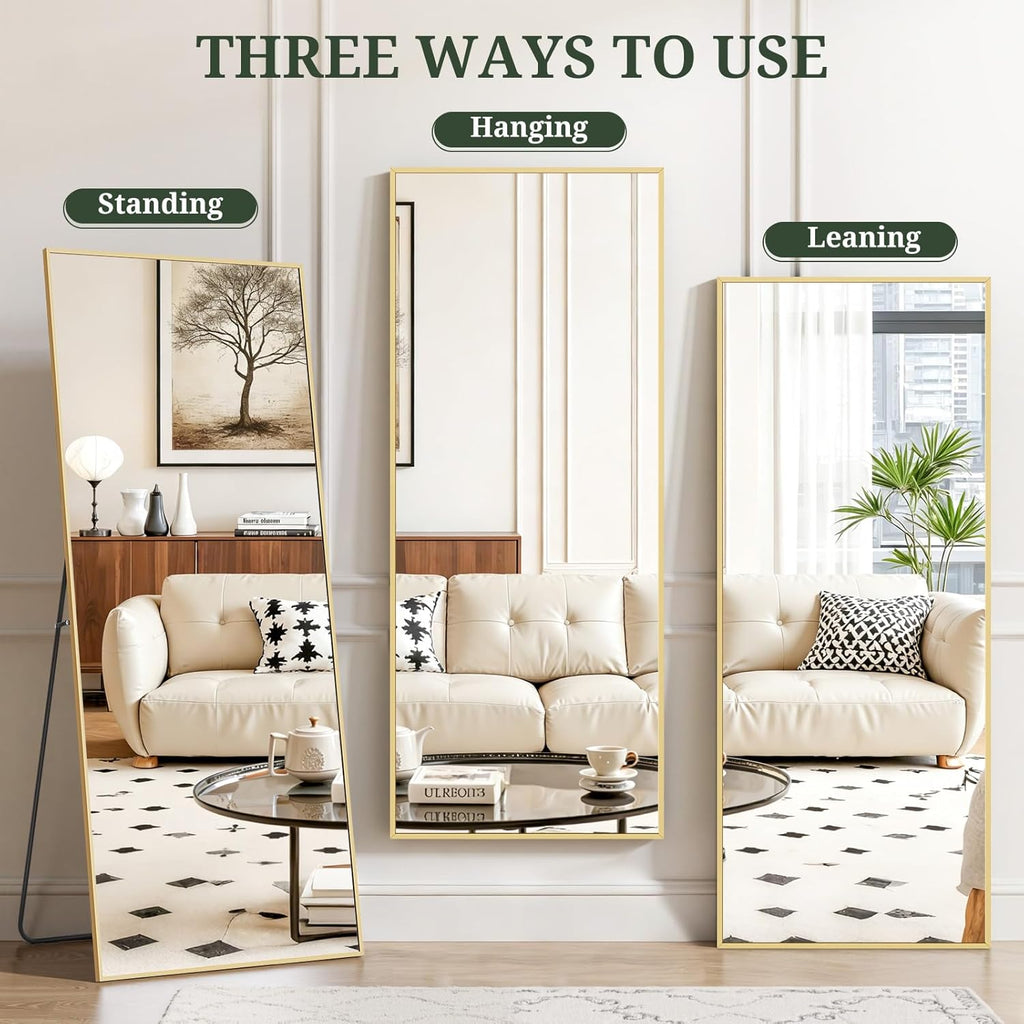 Mirror Full Length 64"x21" Full Body Floor Mirror with Stand, Shatterproof Glass, Aluminum Alloy Frame, Free Standing