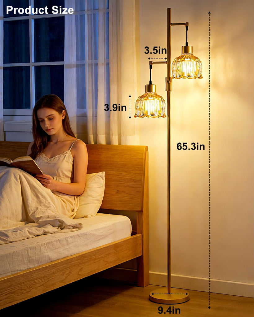 Amber Flower Glass Floor Lamp 2-Light Dimmable Gold Tall Lamps