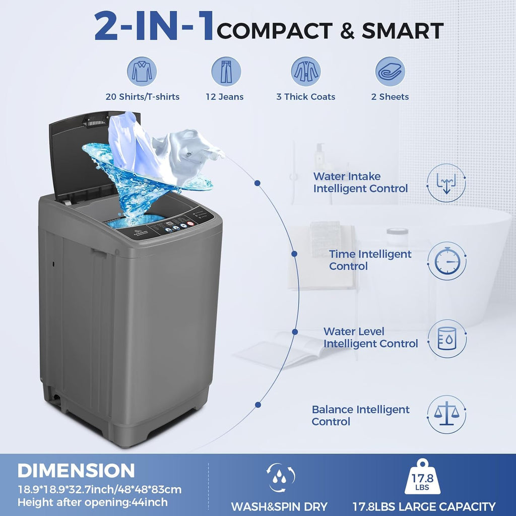 Portable Washing Machine, 17.8Lbs Portable Washer Machine, 2.4Cu.ft Compact Laundry Washer and Dryer Combo with Drain