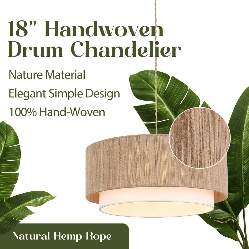 Plug in Pendant Light, 18" Rattan Plug in Chandelier with 15.7FT Light Cord, Hanging Light with Handwoven Hemp Rope